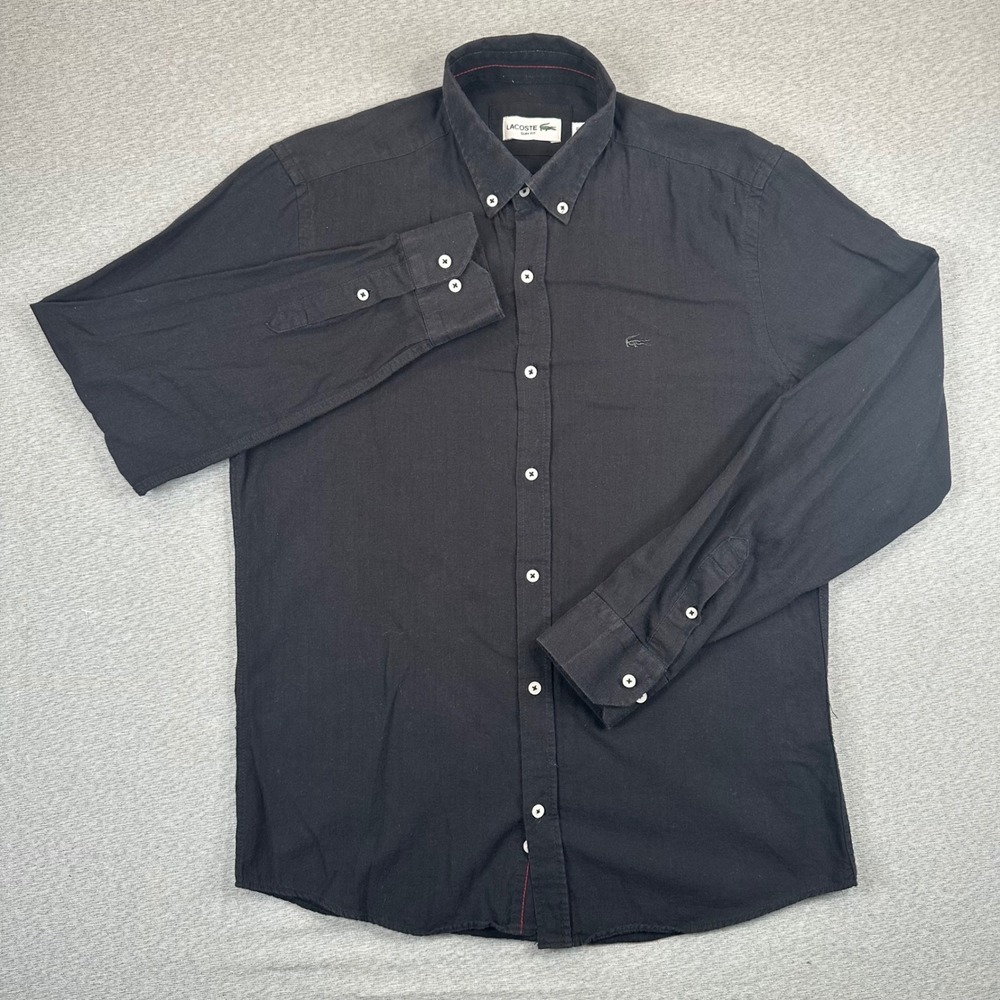 Lacoste Button Down Shirt Mens Size M FR 41 Slim Fit Black Cotton Long Sleeve
